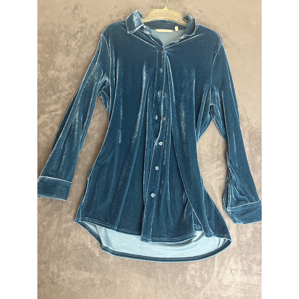 Soft Teal Blue Velvet Button Down Shirt Long Sleeve